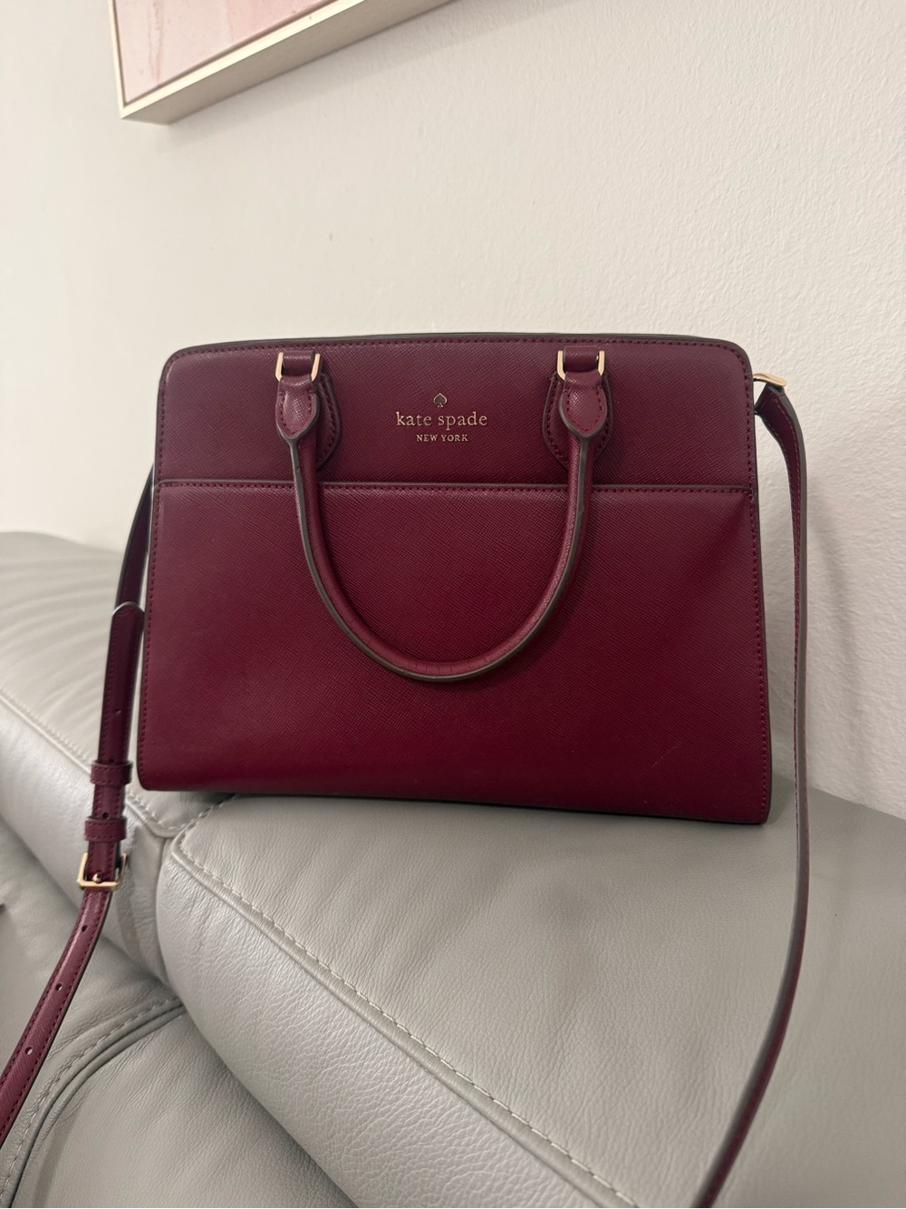 kate spade Burgundy Saffiano Satchel with Gold Hardware